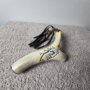 Handcrafted Antler With Indian Head With Copper Beads Signed Henry